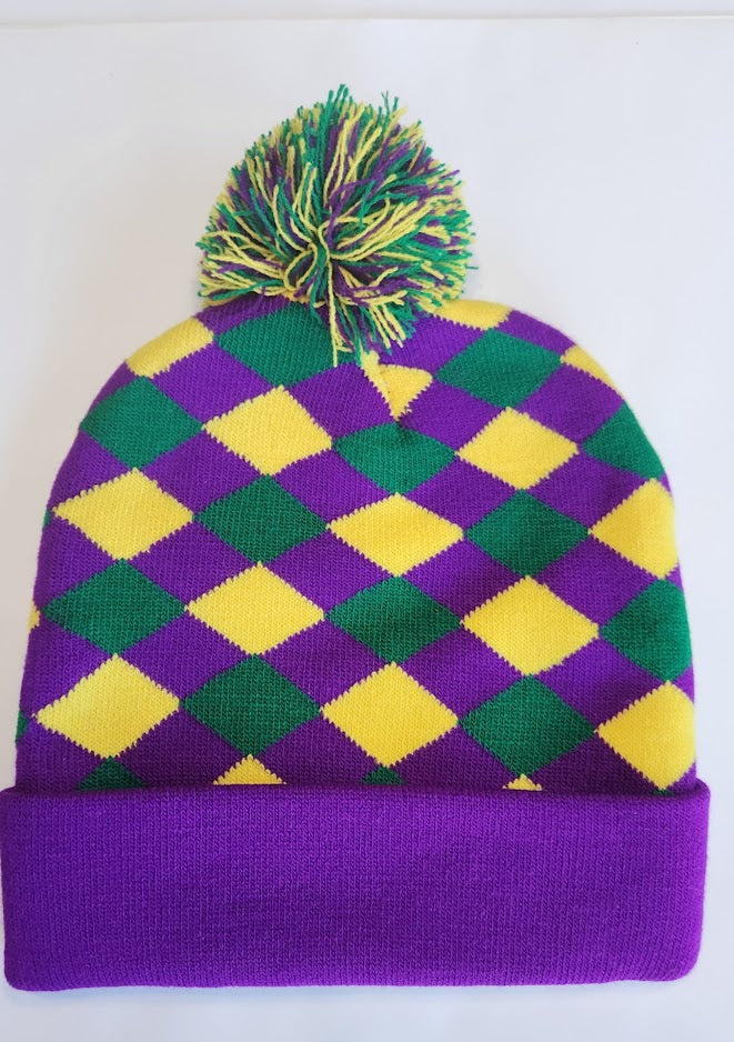 Mardi Gras Knit Hat with Pom