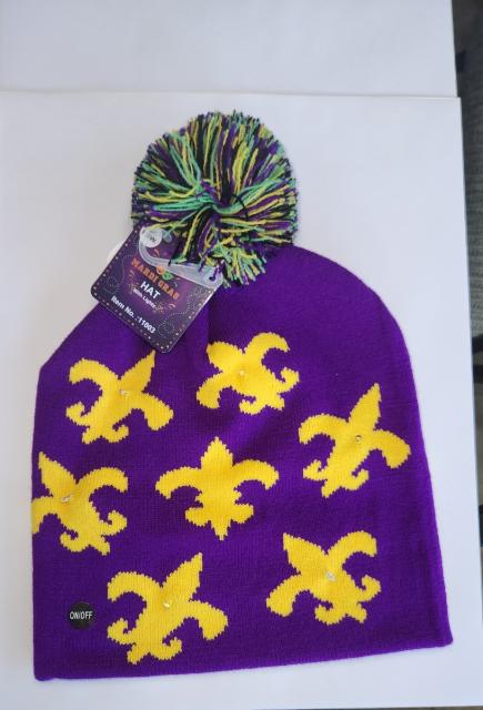 Fleur de lis Knit Mardi Gras Pom Hat with LED Lights