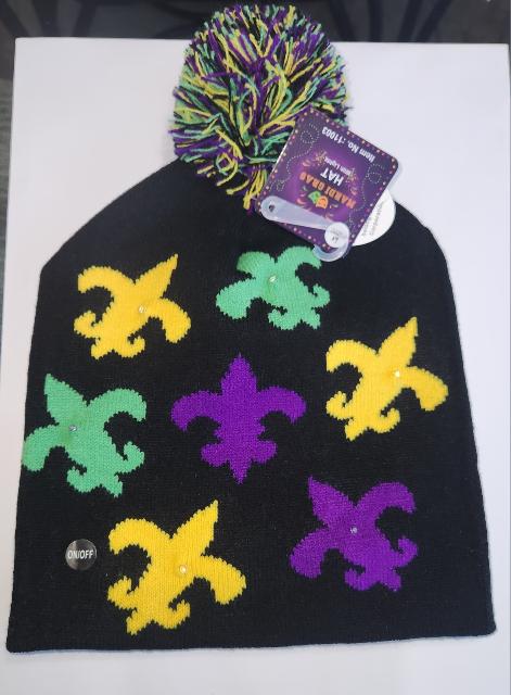 Fleur de lis Knit Mardi Gras Pom Hat with LED Lights